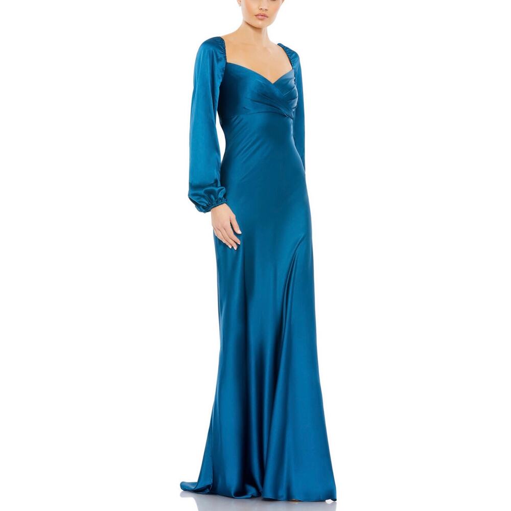 Mac Duggal 495191 Ocean Blue Evening Gown Satin Long Sleeve A-Line Dress Size 12